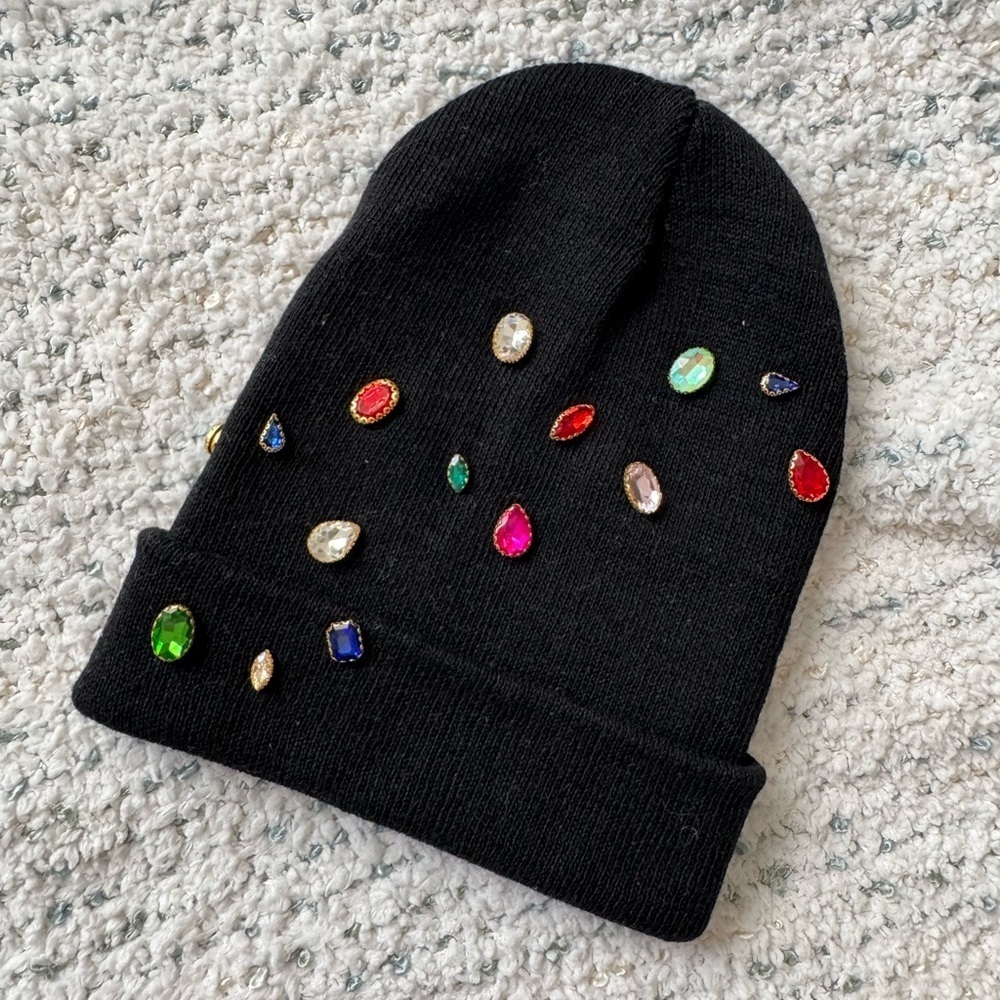 Black Beanie with Colorful Rhinestones